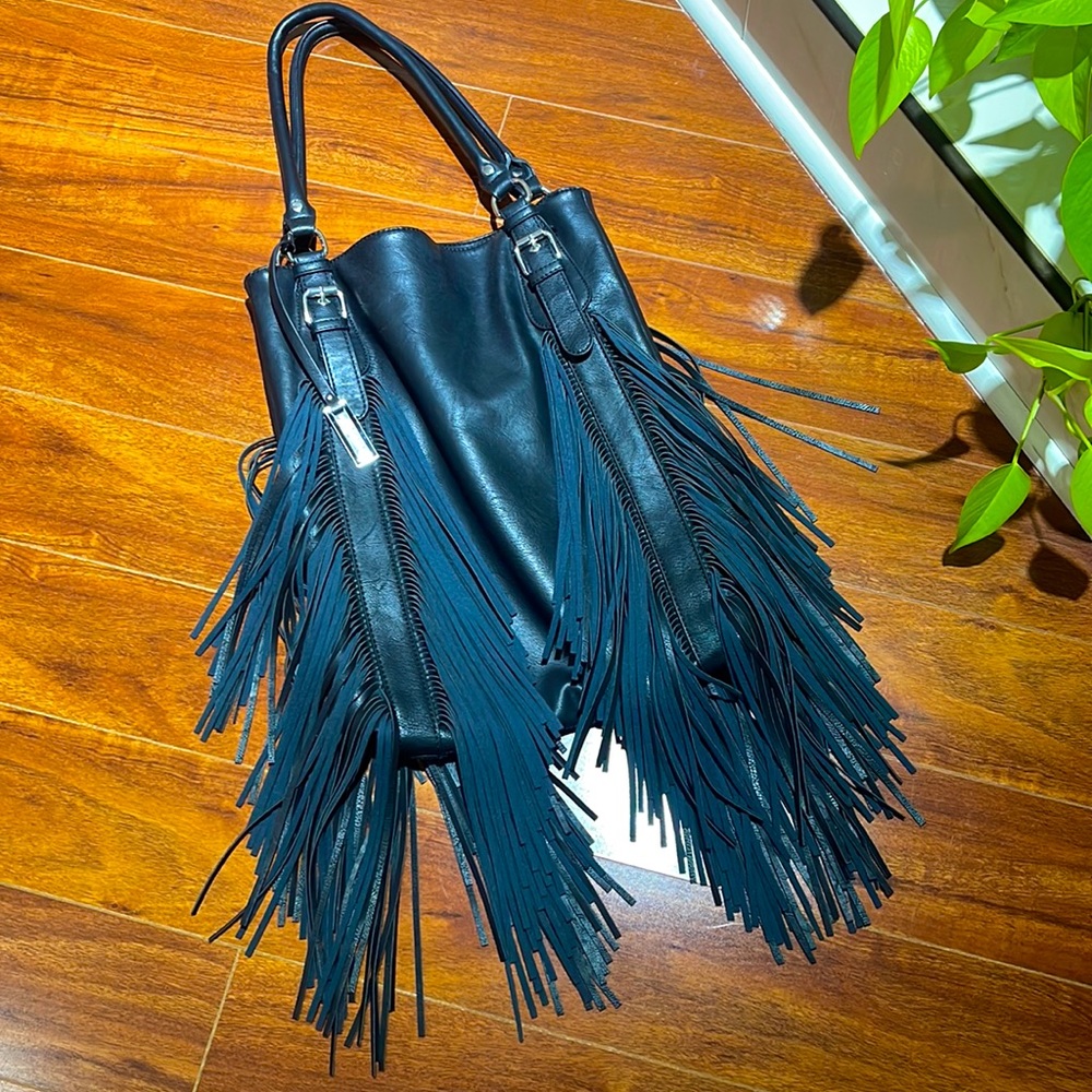 Vegan leather purse with fringe on front and back
